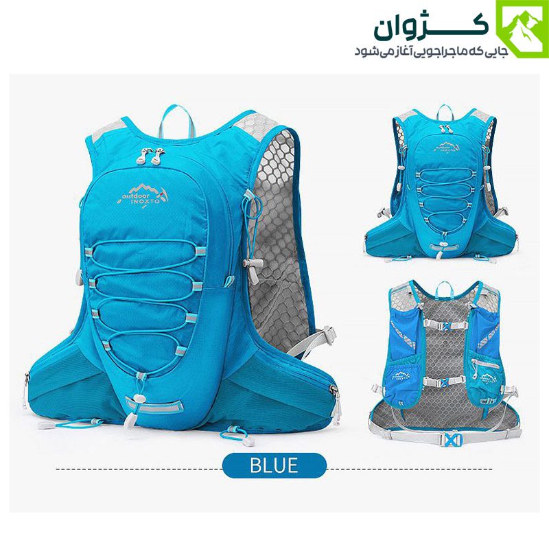 کوله رانینگ INOXTO مدل 577 در رنگ آبی، نمایش از زوایای جلو، پشت و کنار، دارای بندهای قابل تنظیم، سیستم تهویه پشتی، محفظه کمل بک و بند نگه‌دارنده تجهیزات، مناسب برای دویدن، دوچرخه‌سواری و طبیعت‌گردی سبک