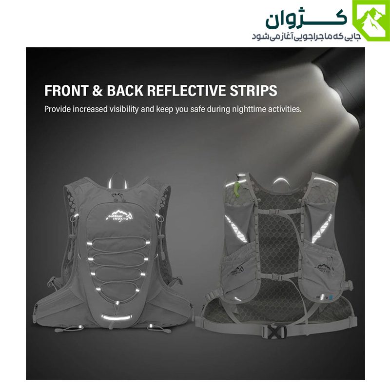 نمای جلو و پشت کوله رانینگ INOXTO مدل 577 با نوارهای شب‌نما، مناسب برای فعالیت‌های فضای باز در نور کم مانند دویدن شبانه یا دوچرخه‌سواری
