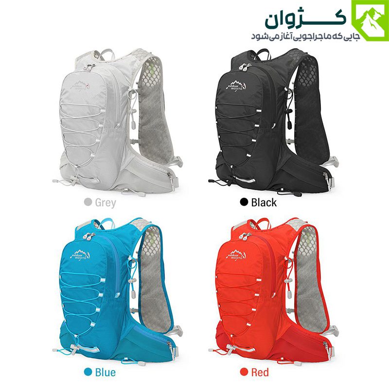 چهار رنگ مختلف از کوله رانینگ INOXTO مدل 577 شامل خاکستری، مشکی، آبی و قرمز، با طراحی ارگونومیک، بندهای قابل تنظیم و سیستم پشتی مشبک، مناسب برای فعالیت‌های فضای باز