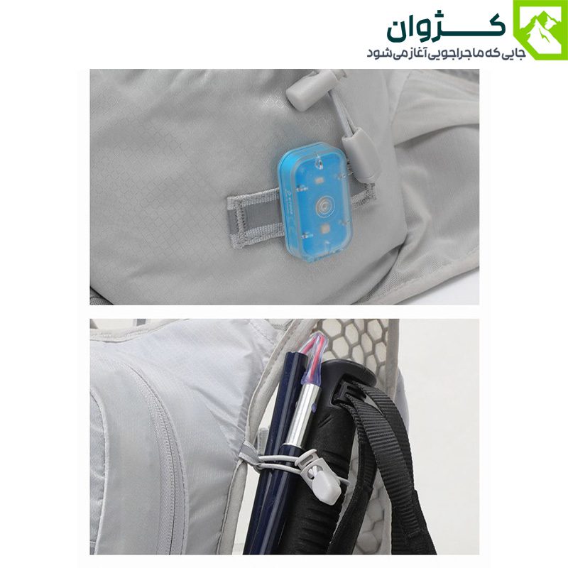 نمای نزدیک از کوله رانینگ INOXTO مدل 577 در رنگ خاکستری، شامل جیب جانبی مشبک حاوی چراغ، خودکار و تجهیزات کوچک، مناسب برای فعالیت‌های فضای باز و حمل وسایل ضروری