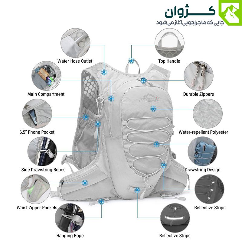 نمای شماتیک کوله رانینگ INOXTO مدل 577 با نمایش جزئیات فنی شامل خروجی شلنگ آب، جیب‌های جانبی، بندهای تنظیم، نوار شب‌نما و محفظه اصلی، مناسب برای فعالیت‌های فضای باز