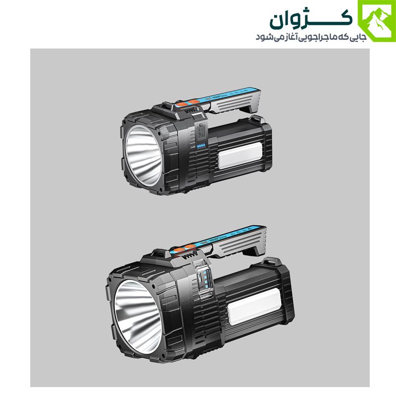 چراغ قوه اسمایلینگ شارک مدل W5168-2 با طراحی مقاوم و دسته‌دار، مناسب برای کمپینگ و استفاده در فضای باز